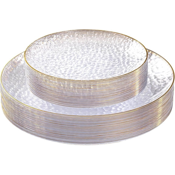 Clear Plastic Plates, Hammered Plates Disposable Heavy Duty, Clear Disposable Plates With Gold Rim, Fancy Plastic plates Include Dinner plate and Dessert plate for Wedding