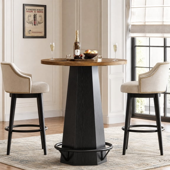 Fnova 39.4" Industrial Round Bar Table, Counter Height Pub Table with Metal Footrest for Bistro, Brown & Black