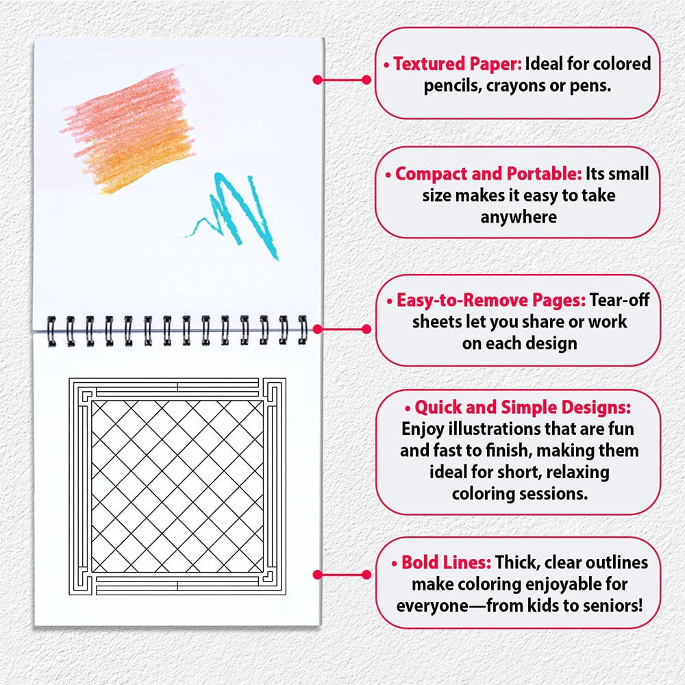 Pattern Mini Coloring Book Spiral Bound for Adult, Pack 6, 3.5” x 3.5” Pocket Size, 40 Coloring Pages Stress & Anxiety Relief, Travel for Women Men
