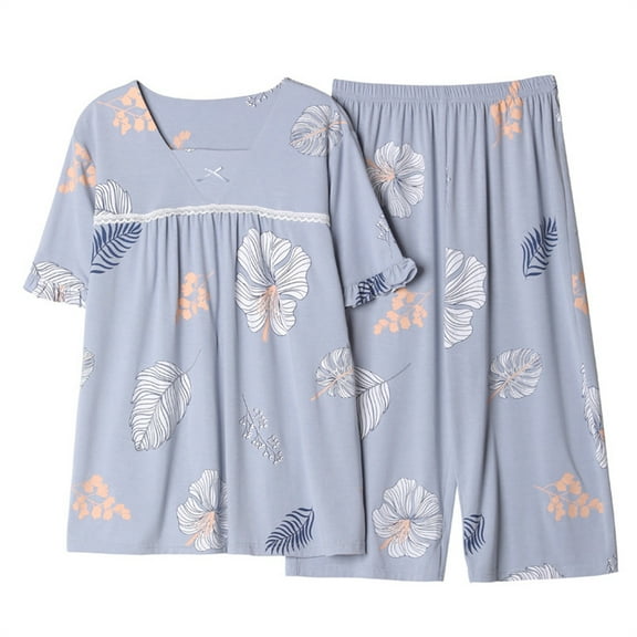 Njoeus Two Piece Sets for Women Summer, Womens Pajamas Womens Pajamas Set with Floral Pajama Capris Pants Soft Comfy Sleepwear Plus Size Pjs Sets Womens Short Sleeve Cute Tops Summer Loungewear M-4Xl