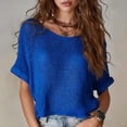 thumbnail image 4 of Staron Women Hollow Out Knitted Round Neck Short Sleeve Casual Boho Beach Vacation Loose Tops Bohemian Crochet Sweater, Blue S, 4 of 7