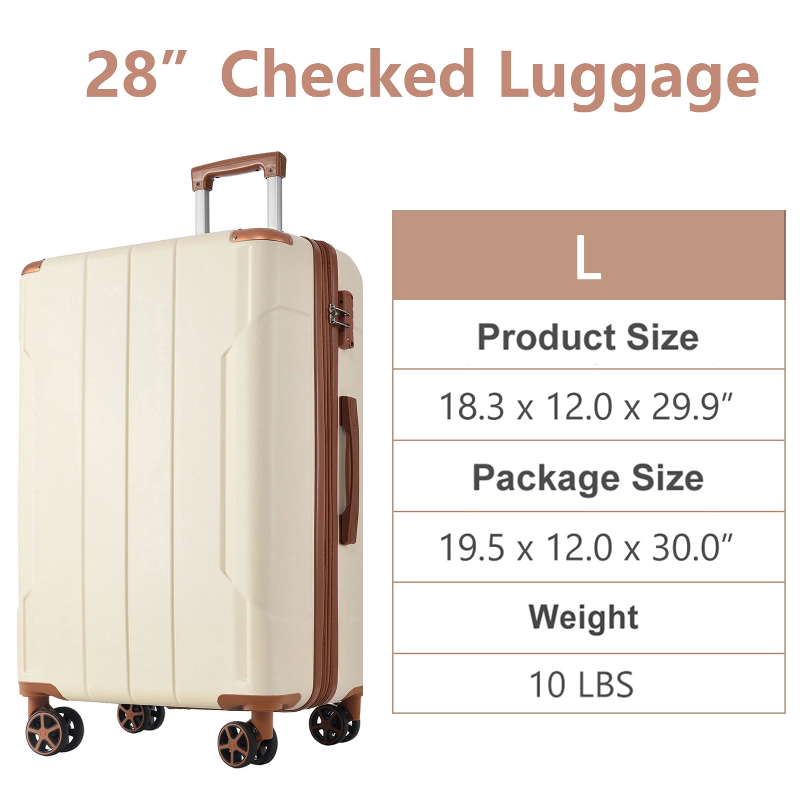 Hardshell Luggage, Lightweight Durable ABS Suitcases with Double Wheels, Expandable 28-inch Checked Luggage 28" (White Brown)