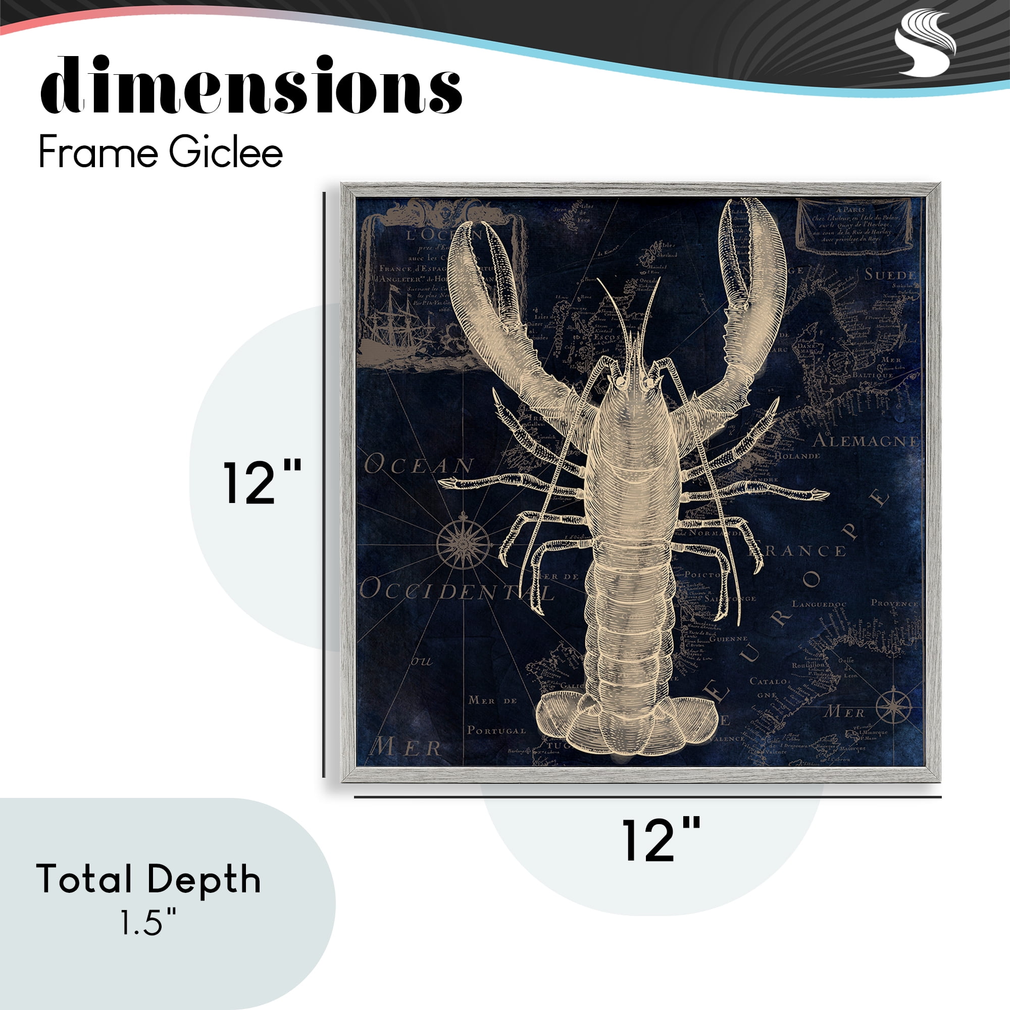 Lobster Contour over Map Gray Framed Giclee Art, design by Sasha