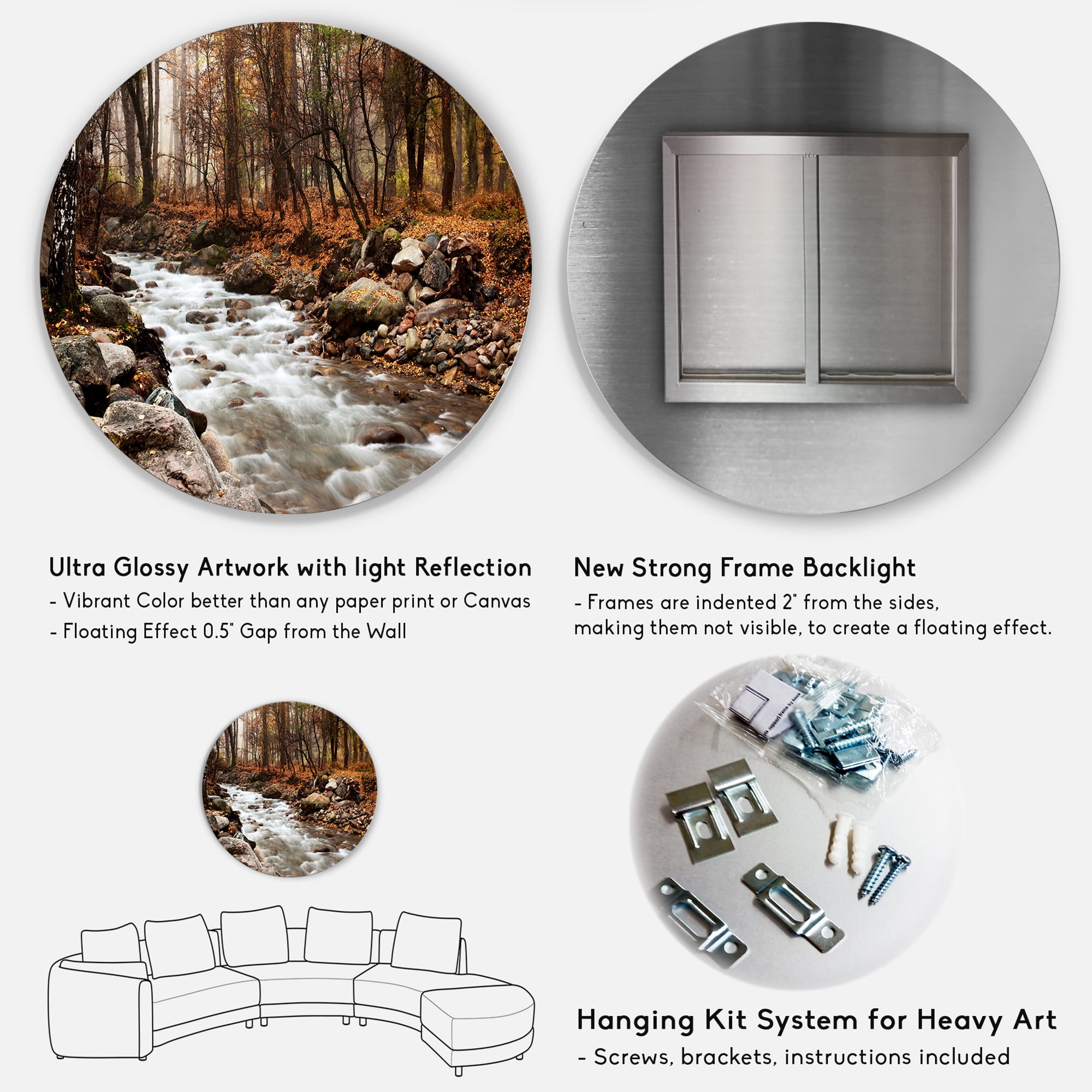 Designart 'Stream in Autumn Forest' Landscape Photography Circle Metal Wall Art