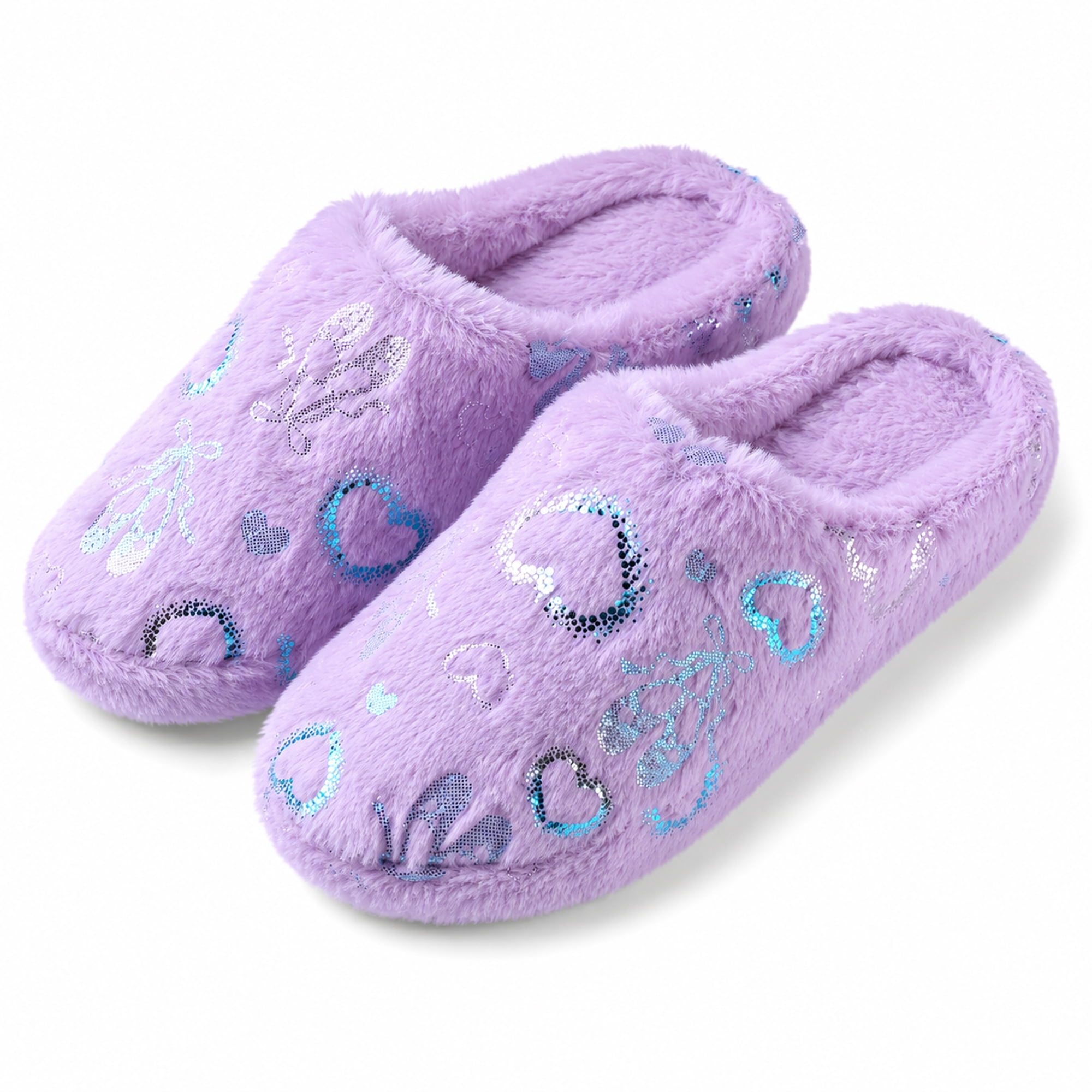 Aerusi Women’s Fuzzy Heart House Slippers, Closed Toe Slip-On Warm Plush Indoor Outdoor Shoes, Non-Slip Sole