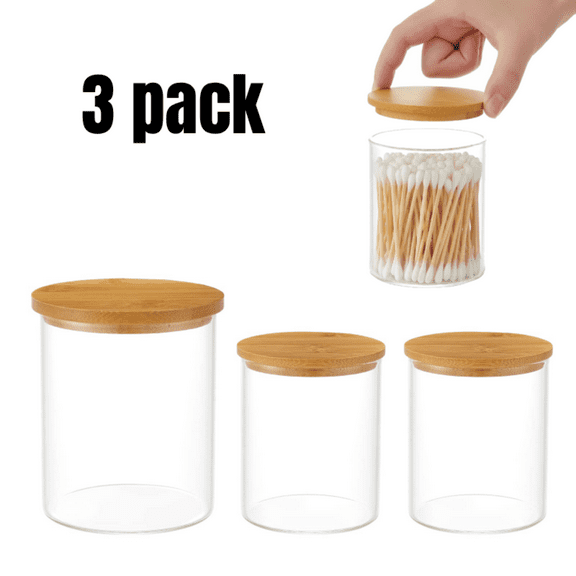 3 Pack Qtip Holder Dispenser with Bamboo Lids - Clear Plastic Apothecary Jar for Makeup Storage - Bathroom Set
