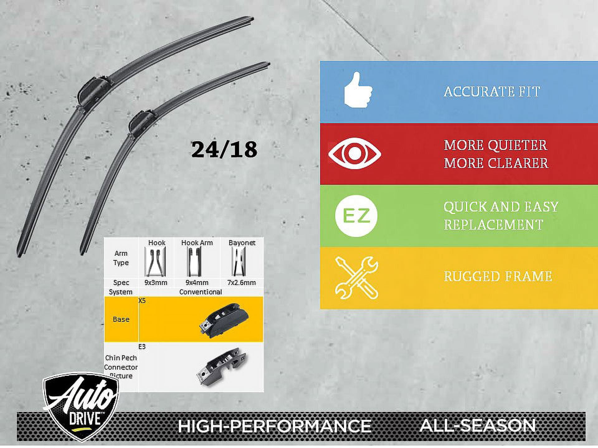 AutoDrive Silicone Coating Beam Wiper Blade (Set of 2) - 24" / 18", Compatible for Jeep Compass 2022-2017, Chevrolet Cruze 2015-2010 + More, Easy to Install