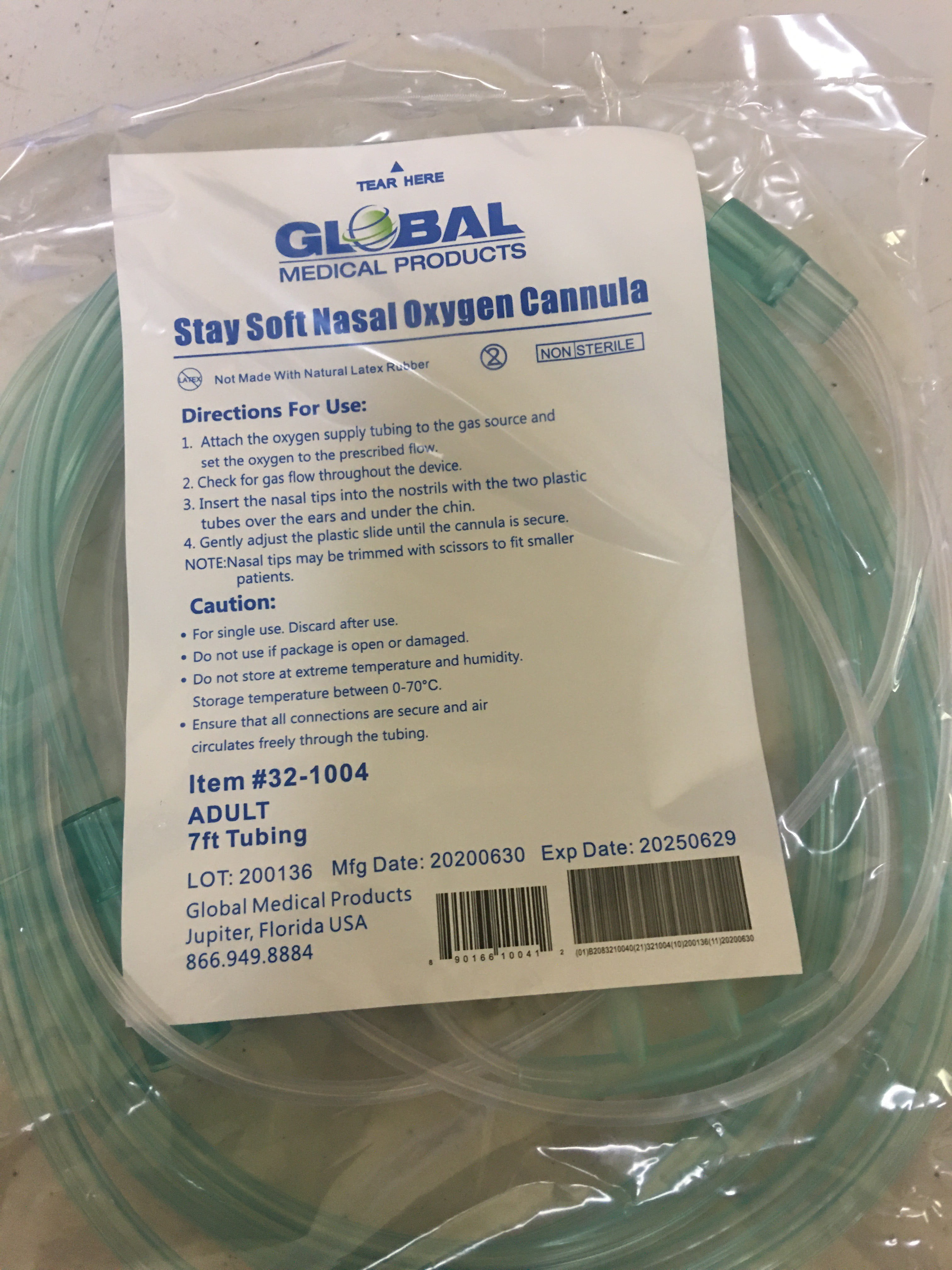 Global Stay Soft Adult Nasal Cannula with 7ft Soft Green, Universal Connector, Kink Resistant, Lightweight Tubing (5 Pack)