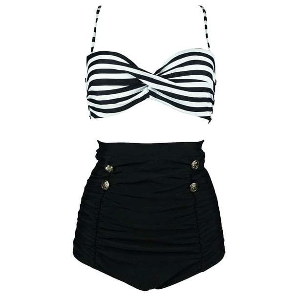 COCOSHIP Black & White Stripe High Waisted Bikini Buttons Vintage ...