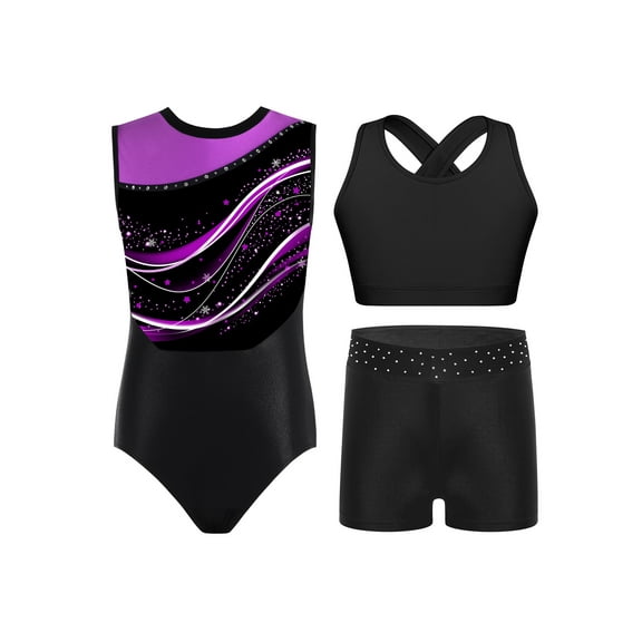 Miutii 3Pcs Gymnastics Leotards for Girls Sparkly Sleeveless Ballet Dance Unitard Vest Tops with Athletic Shorts Set Purple 12