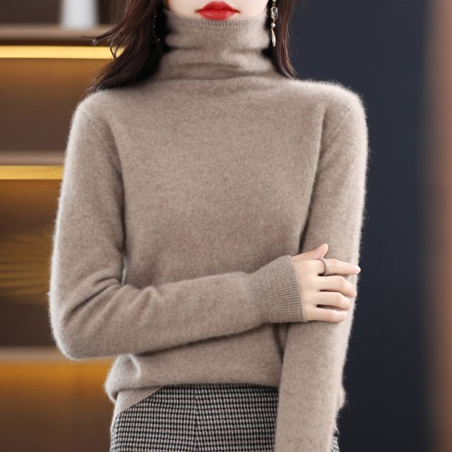 Suéter de lana para mujer, suéter de cuello alto de otoño e invierno, suéter suelto sin costuras, suéter de cachemira