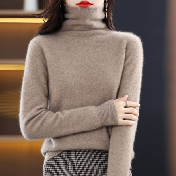 Suéter de lana para mujer, suéter de cuello alto de otoño e invierno, suéter suelto sin costuras, suéter de cachemira