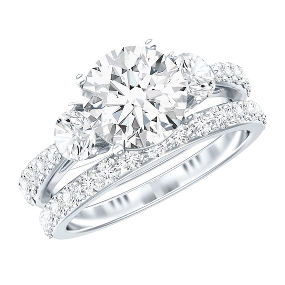 Rosec Jewels Certified Moissanite Wedding Ring Set of 2 - Three Stone Engagement Ring with Wedding Band - D-VS1 Quality, 925 Sterling Silver, US 4.00