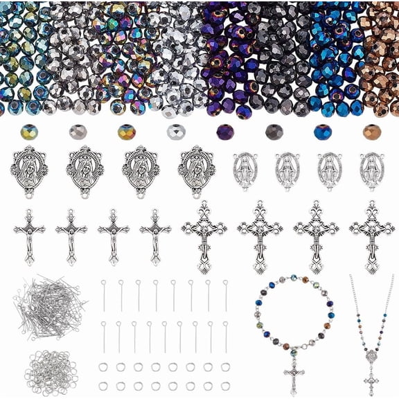 646pcs Rosary Jewelry Making Kit Prayer Making Supplies Crystal Glass Beads AB Color Loose Beads Cross Pendants Link Charms for Easter Ramadan Jewelry Making Necklace Bracelet Earring