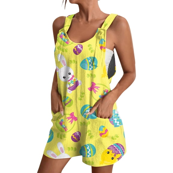 Kixjoy Rompers for Women Lounge Easter Print Wide Leg Shorts Romper Sleeveless Soft Pleated Jumpsuits Loose Fit Trendy Beach Women's Rompers with Pockets, Mint Green M