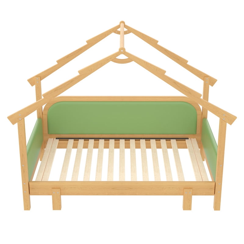Bellemave Extendable Montessori House Bed, Wood Twin to King Daybed with Soft Cushion Rails, Double Twin Beds with Roof-Shaped, No Box Spring Needed (Natural+Green)