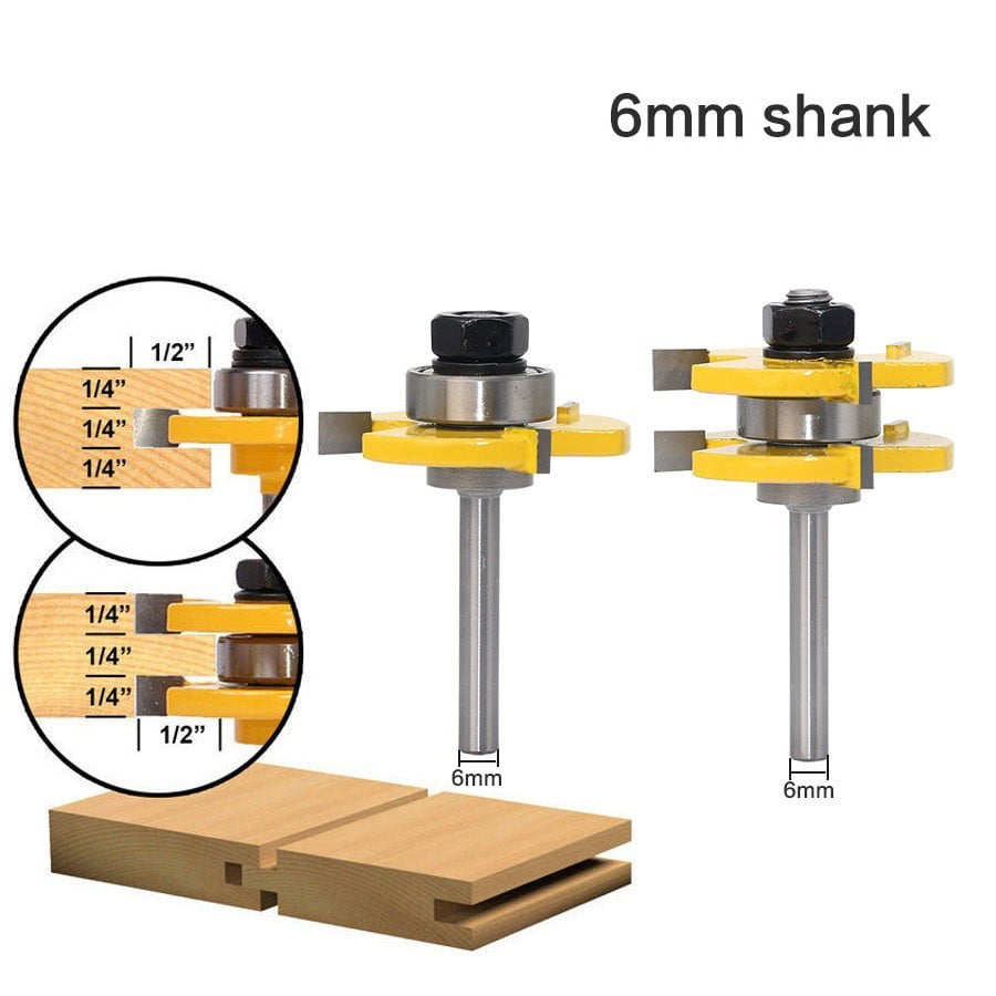Tongue Groove Router Bit Set 6/8mm 1/4in Shank T-shape Wood Milling Cutter Tool 