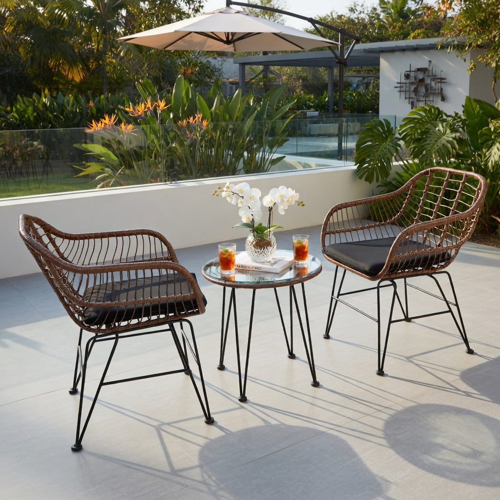 Hommoo 3-Piece Outdoor Rattan Bistro Set with Removable Cushions, Steel Frame, Tempered Glass Table, Patio & Balcony Seating, Black