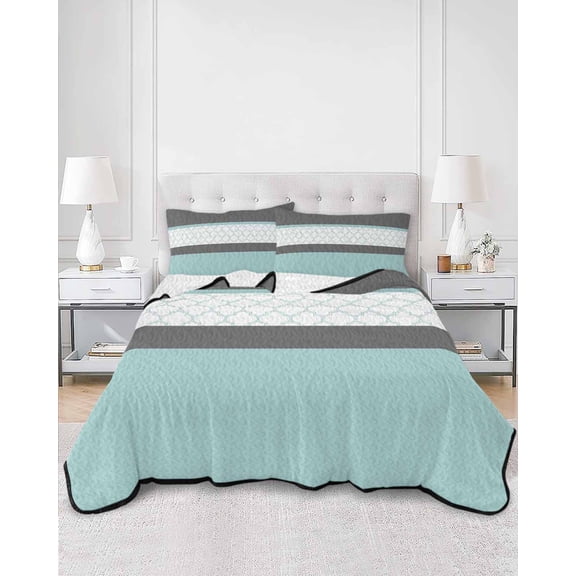Quilts King Size, Turquoise Morocco Soft Comforter Bedding Set for Bed, Geometric Grey Stripes Modern Lightweight Quilted Bedspread with Pillow Cover(2 Pieces) for All Season, 96x106 Inch