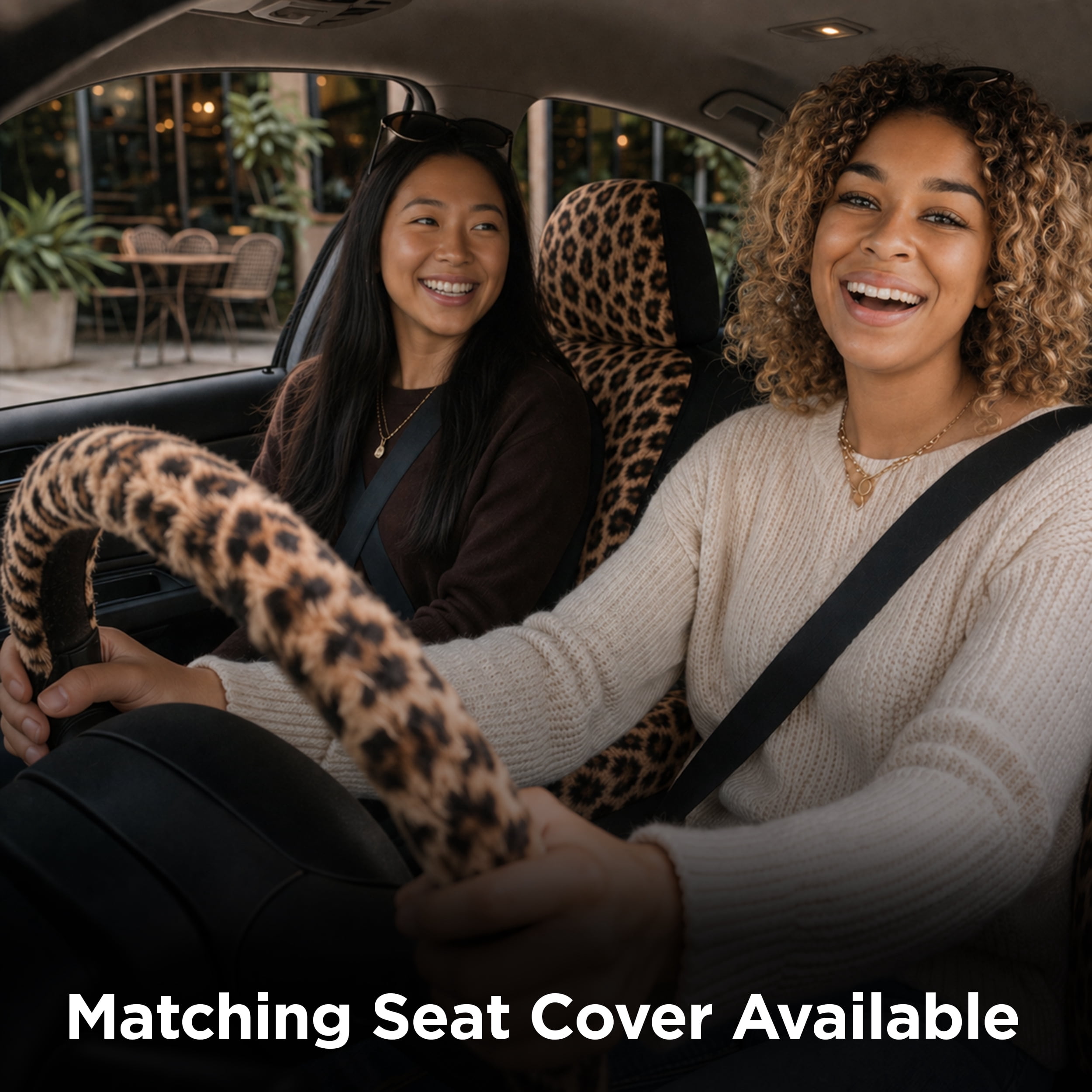 Auto Drive 2-Piece Fur Leopard Seat Covers for Cars, SUVs, and Crossovers, Brown
