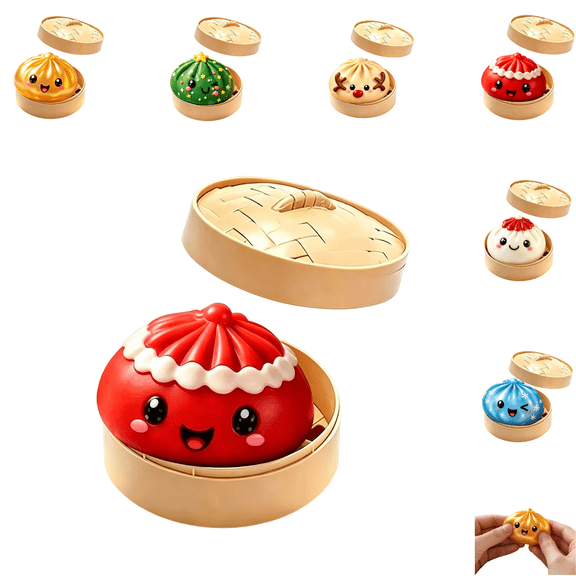 Christmas Dumpling Squishys Cute Butter Squishies, Collectible Holiday Squeeze Toy with Simulation Steamer Box, Sensory Fidget Stress Ball for Kids & Adults, Red