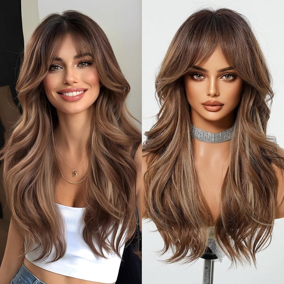 Long Brown Wigs for Women 26 Inch Long Wavy Wigs Natural Synthetic Hair Wavy Wig With Bang for Daily Party Use