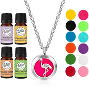 Wild Essentials Flamingo Necklace Essential Oil Diffuser Kit With Lavender, Lemongrass, Peppermint, Orange Oils, 8 Refill Pads, Calming Aromatherapy Gift Set, Customizable Color Changing, Perfume