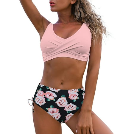 Rigardu Hot Sale!! Women s High Waisted Bikini Sets V Neck Two Piece Bathing Suits Womens High Waisted Bikini Swimsuit Two Halter Bathing Suits Tops Ruched Bottom Rose Gold M