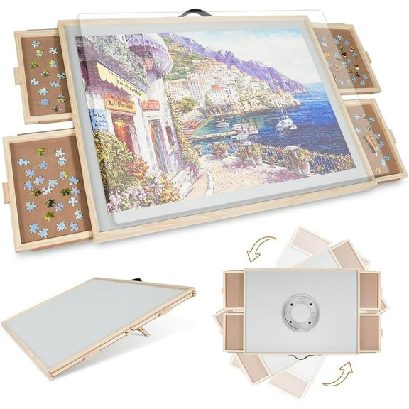 2000 Pieces 2-in-1 Tilting & Rotating Puzzle Board for Adults Gifts, Wooden Jigsaw Puzzle Table with 4 Drawers, 28.5" x 40.1" Portable Board with Lazy Susan and Cover