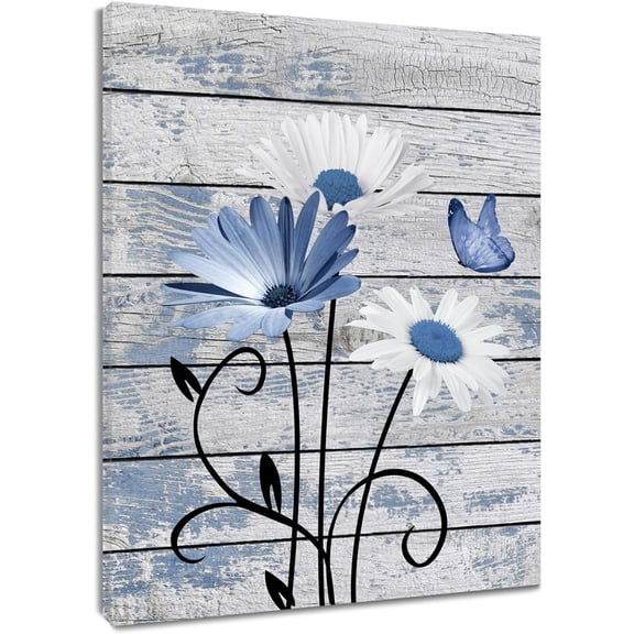 Farmhouse Floral Wall Art for Living Room, Blue and White Daisy Flower and Butterfly on Rustic Wood Board Canvas Wall Art Framed Artwork Ready to Hang for Bathroom Bedroom Decor, 16L X 12W
