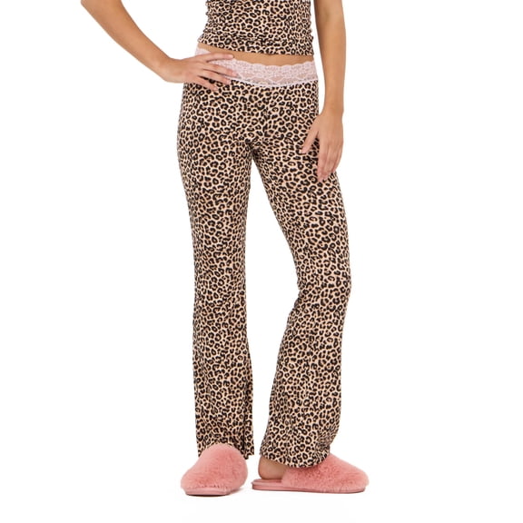 Forever 21 Women's Leopard Print Flare Loungewear Pant, Lace Waistband Detail for Athleisure & Lounging, XS
