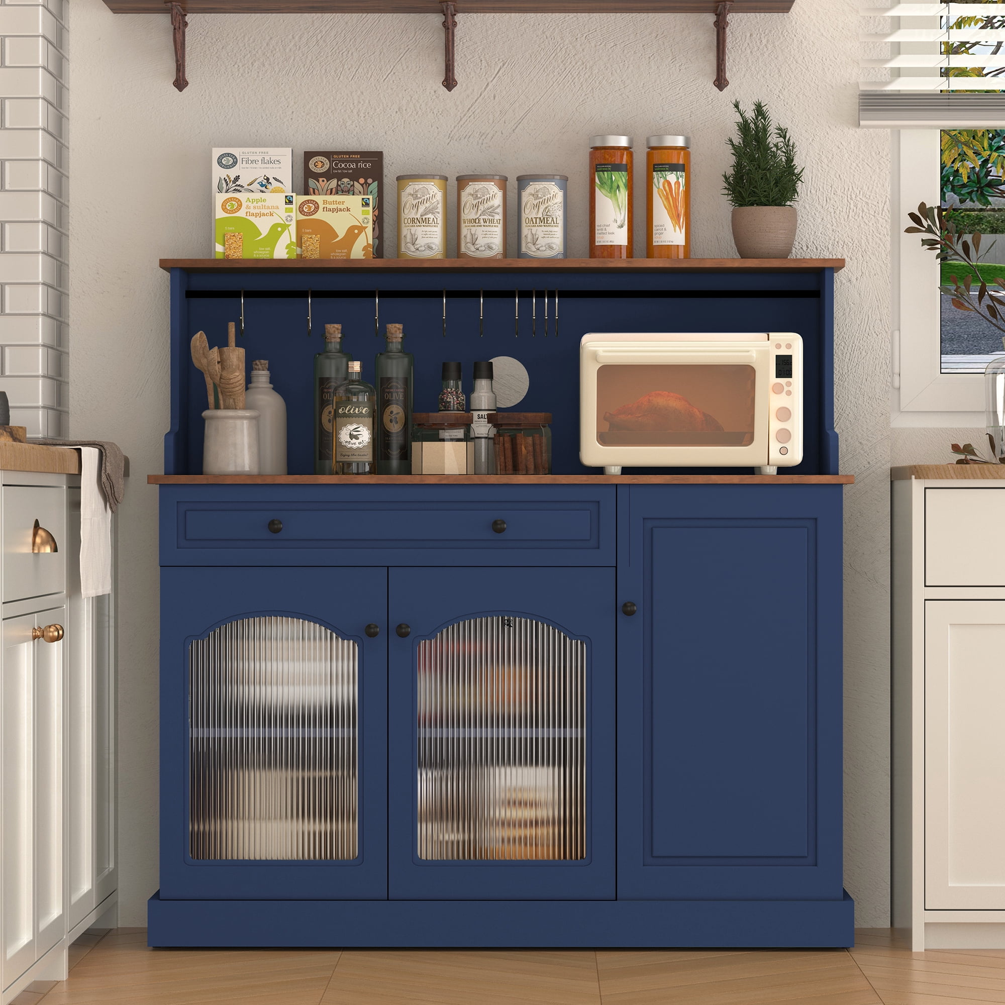 CBJCBJ 48" Modern Wood Kitchen Pantry Cabinet, Coffee Bar with Drawer & Microwave Stand, Dining Room,Blue