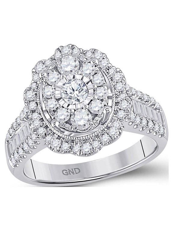 14kt White Gold Womens Round Diamond Right Hand Cluster Oval Ring 1-1/2 Cttw