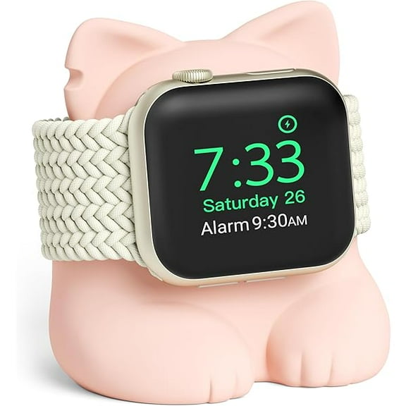 Charger Stand Compatible with Apple Watch Series 49/46/45/44/42/41/40/38mm iWatch Ultra2/Ultra/10/9/8/SE2/7/6/SE/5/4/3/2/1,Silicone Charging Dock Organizer Supports Night Stand Mode,Pink