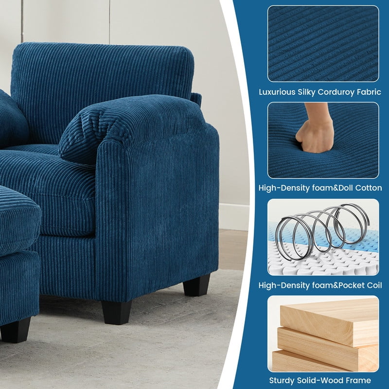 RIAFUN Single Sofa with Ottoman, Corduroy Accent Armchair Convertible Sectional Couch for Living Room Bedroom Reading Room, Navy