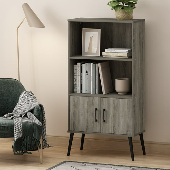 Furinno MIDCENTURY Storage Cabinet with Doors and Legs in Grey Oak