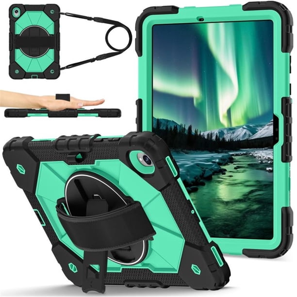 Funda Resistente a Golpes para Samsung Galaxy Tab S11, Funda Protectora de Silicona + Capa de PC Anti Caída con Asa Giratoria de 360°, Soporte, Correa para el Hombro, Verde, para Galaxy Tab S11