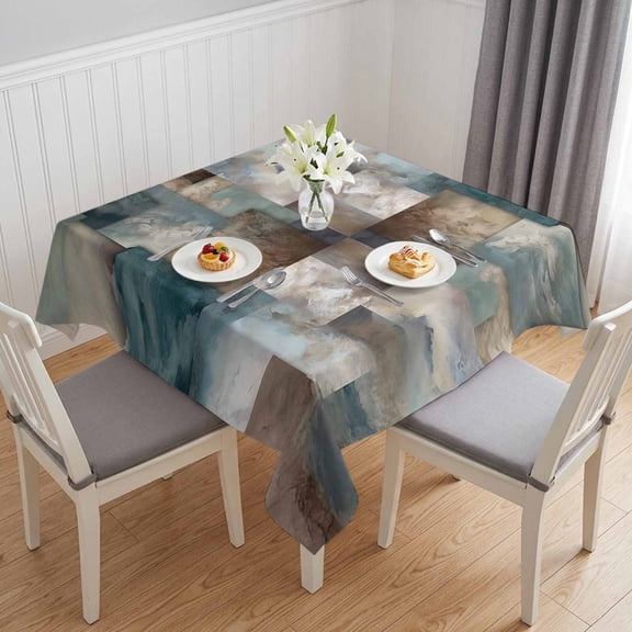 Blue Brown Geometric Table Cloth Waterproof Tablecloths, Modern Ombre Abstract Art Tablecloth Dining Table Cover for Kitchen Party Tabletop Outdoor, Square Tablecloth 60x60 Inch