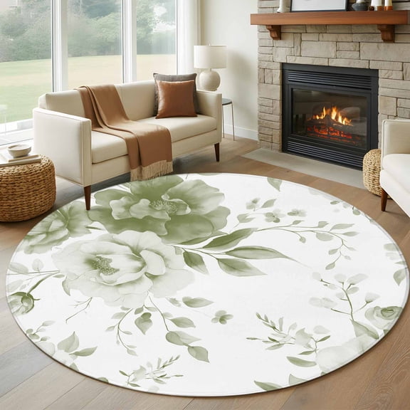 Sage Green Flower Round Area Rug 6 FT, Non Slip Bedroom Area Rug, Watercolor Gradient Retro Floral Washable Soft Circular Carpet Non-Shedding Floor Mat for Kitchen Dining Room Home Office Kids Room