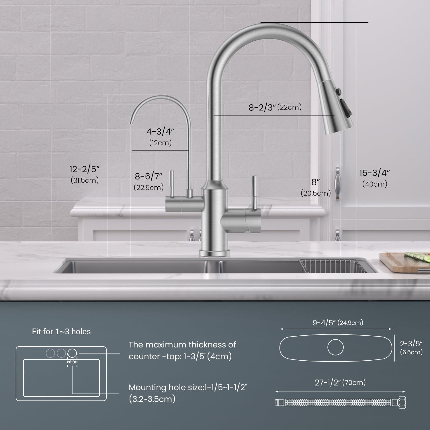 APPASO Kitchen Faucet with Water Filter, Pull Out 3 Way Sink Faucets with Sprayer, High Arch 2 Handle Faucet with Water Purifier - 3 in 1 Faucet Brushed Nickel (Without Water Filtration Device)
