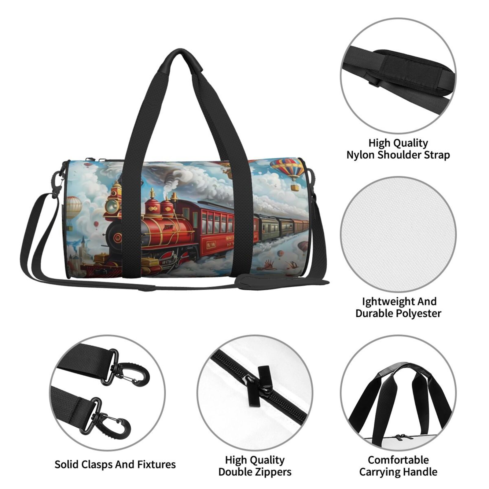 Vsdgher Red Train Hot Air Balloon 45L Foldable Duffel Bag, Sports Gym Bag,Overnight Bag, Portable Weekender Bag for Airplanes
