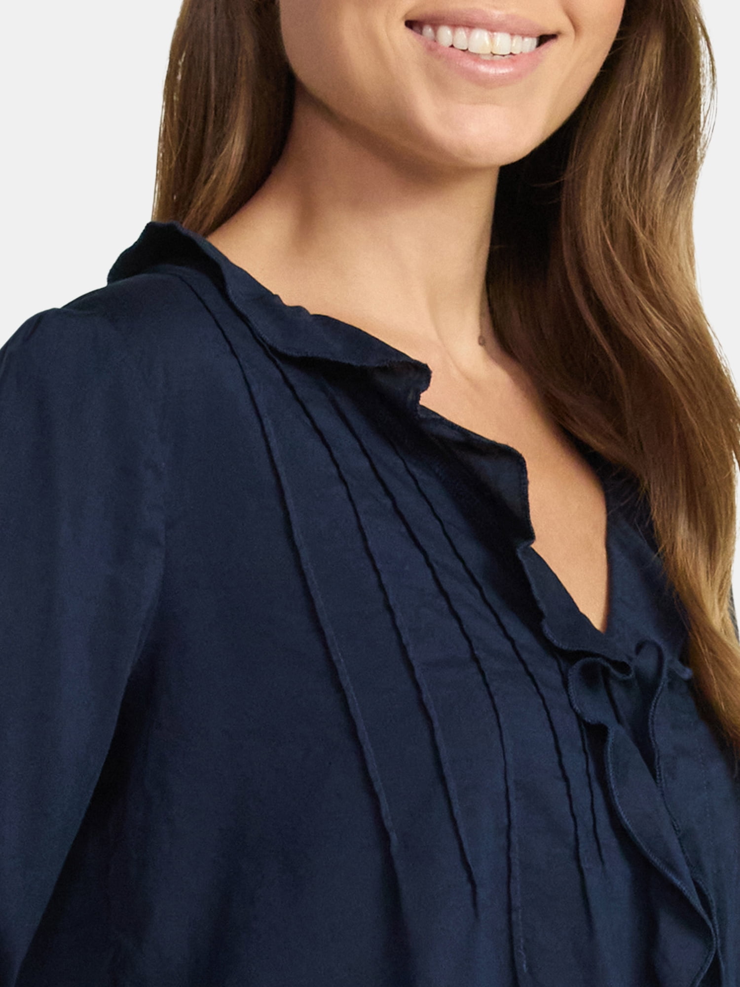 Time and Tru Women's Ruffle Neck Blouse with 3/4-Length Sleeves, Sizes XS-XXXL