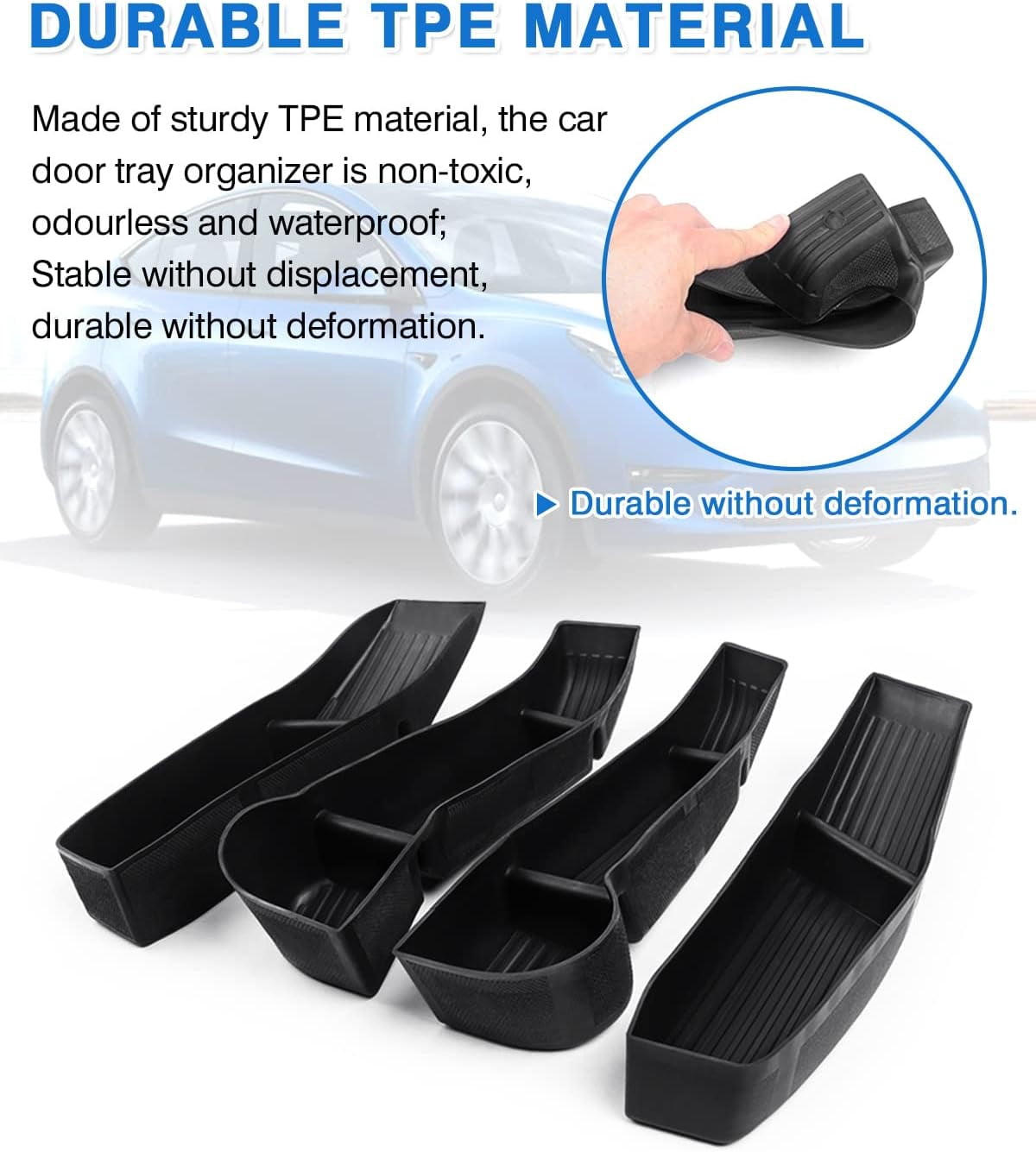 Canvcle Car Door Organizer Tray for Tesla Model Y 2021-2024 2025 (Not for Model Y Juniper) - TPE Material, Black, 4 Pieces