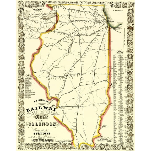 Railroad Map - Illinois Railways - Cooke 1855 - 23 x 29.20 - Vintage Wall Art