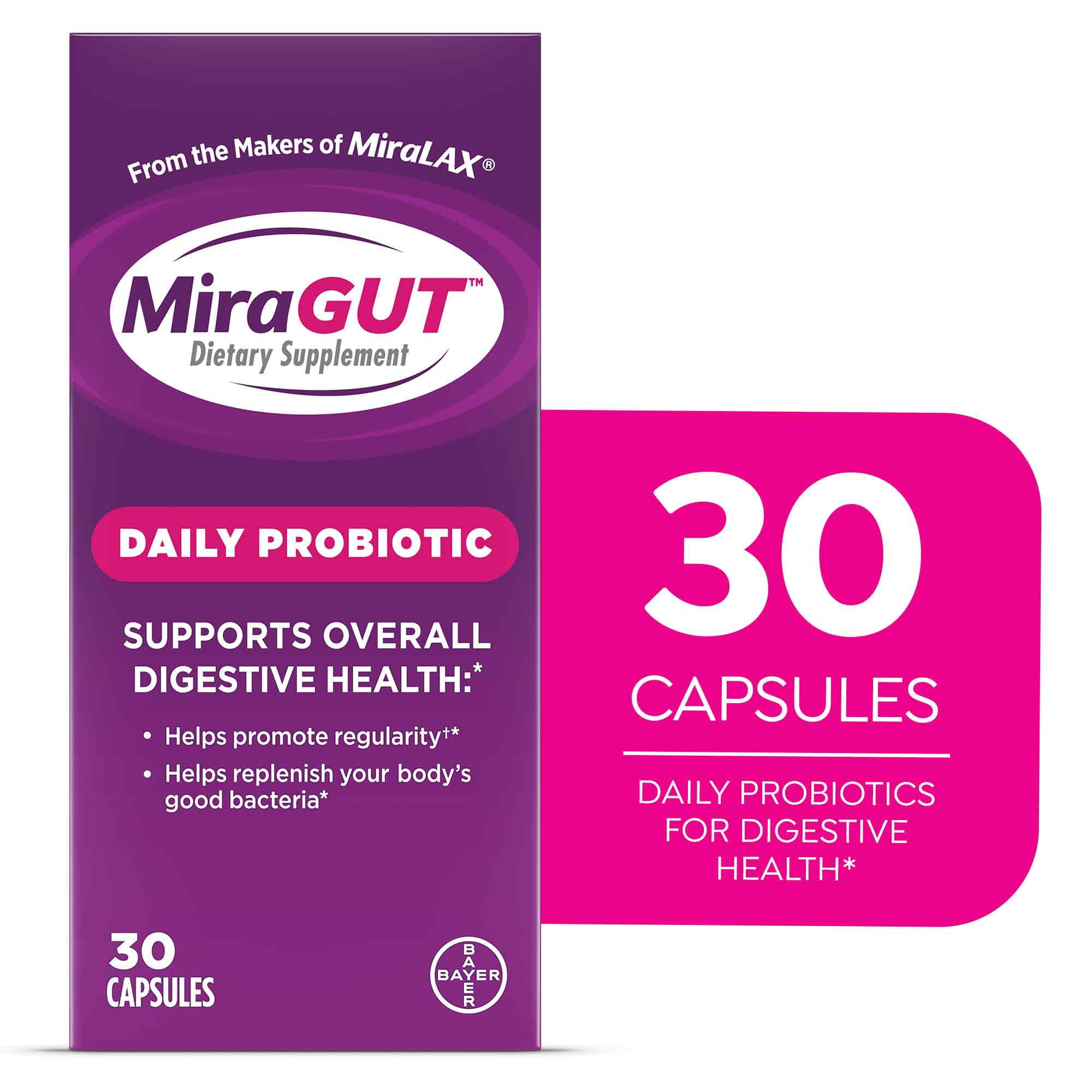 MiraGUT Daily Probiotic, Probiotics for Digestive Health (1 Month Supply), Gluten-Free Supplement, Probiotic for Women and Men, Support Overall Digestive Health, 30 Ct