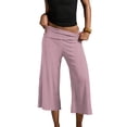 thumbnail image 2 of Fold Over Gaucho Pants for Women Flowy Wide Leg Yoga Capris Elastic Low Rise Striped Cropped Palazzo Culottes Red M, 2 of 6