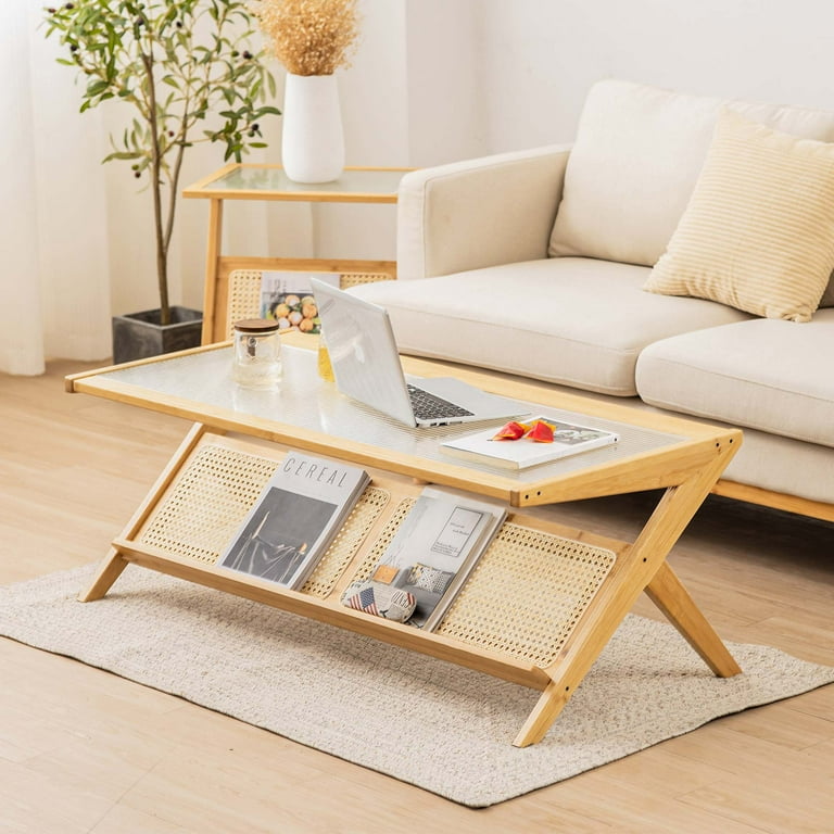 Costway Bamboo Coffee Table 48 2 Tier Glass Tabletop Handwoven Rattan Storage Shelf Walmart