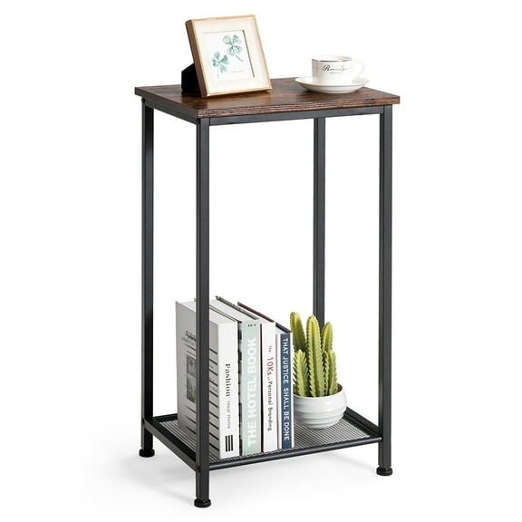 Costway 2-Tier Industrial Side End Accent Telephone Table w/Mesh Shelf Rustic Brown