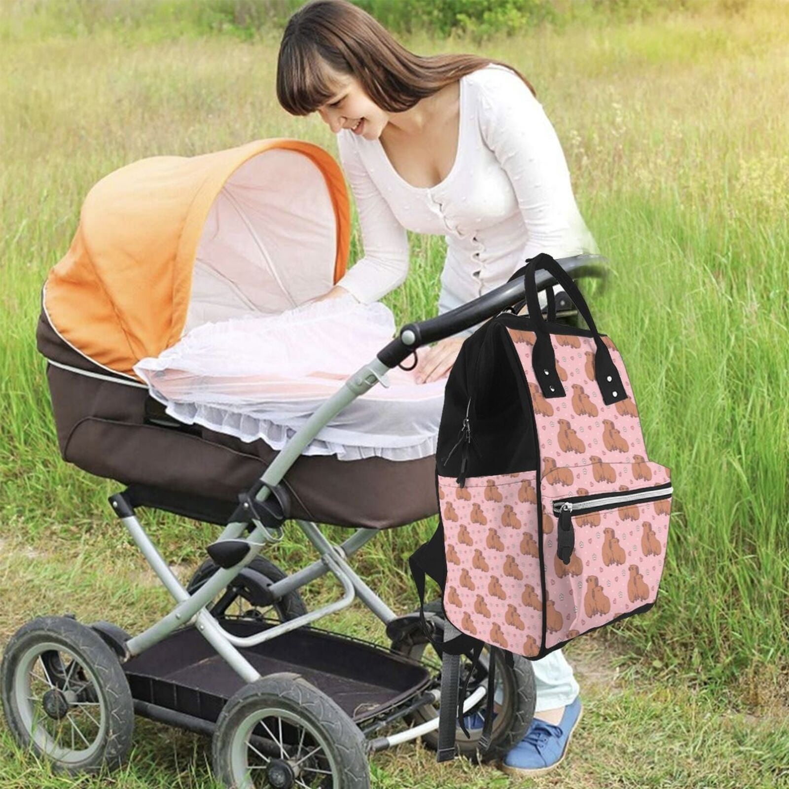 Ratiio Heart Capybara Mummy Backpack - Waterproof Twill Canvas, Large Capacity Diaper Bag with Multiple Pockets and Adjustable Straps
