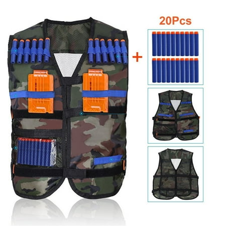 Plastic Broadhead Darts - Walfront Kids Elite Camouflage Tactical Vest with 20 Pcs Blue Soft Foam Darts and 2 Pcs Replacement Plastic Magazines Clips for Gun Nerf N-strike